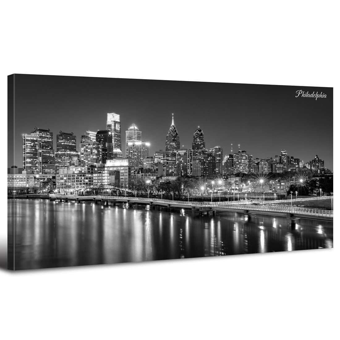 Philadelphia Skyline Canvas Wall Art Black and White Pennsylvania Cityscape Pictures Philly City Night View Prints Posters Modern Downtown Painting Living Room Bedroom Office Home Decoration 20x40"