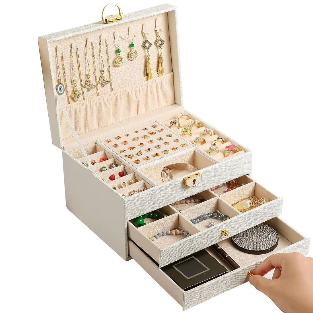 TECHZONE 3‑Layer Lockable Jewelry Organizer Box 2‑Drawer – Velvet Drawer Storage Case for Women & Accessories (White)