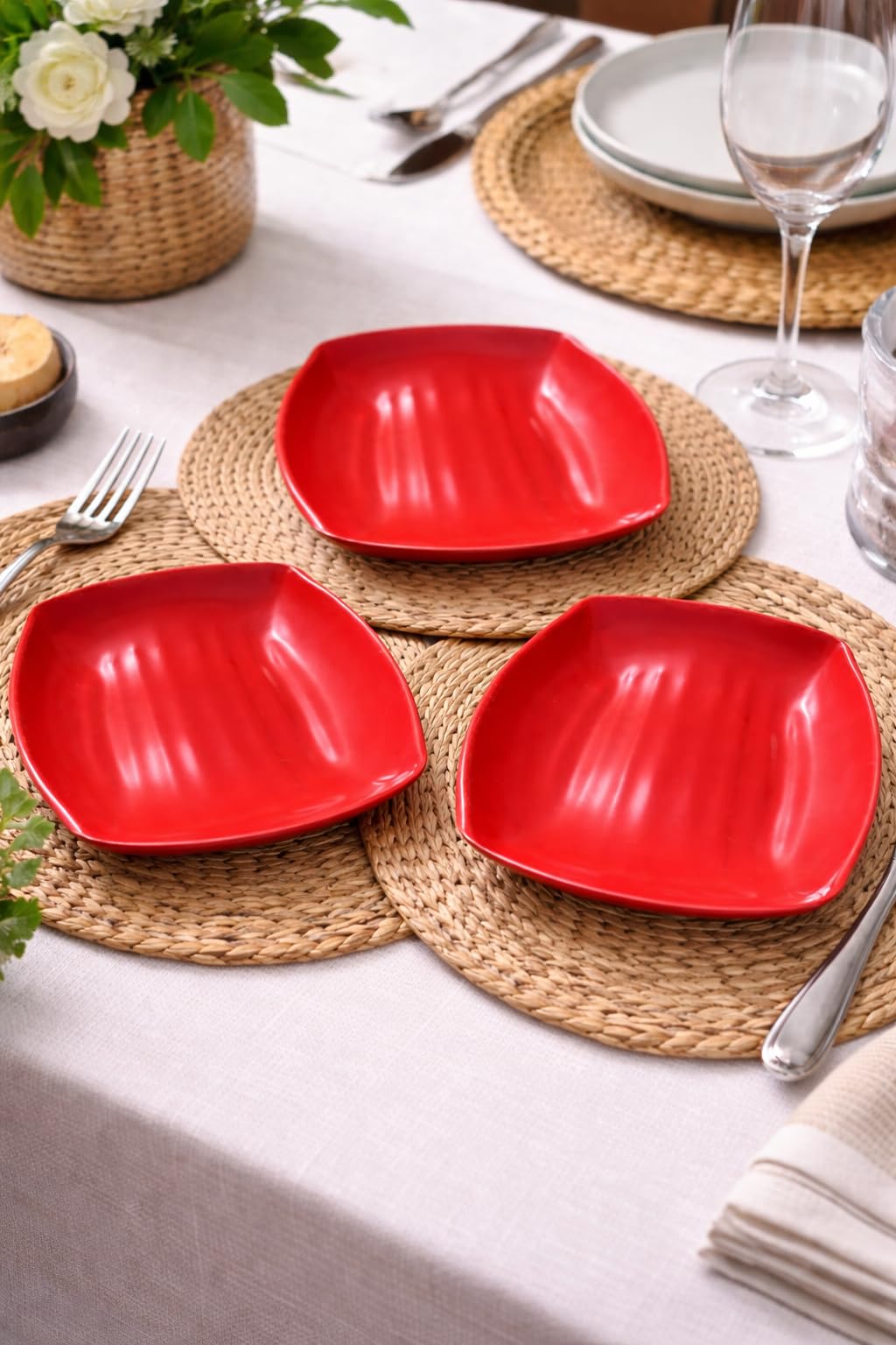 Red Serving Plates, Curved Square Shape, Melamine Plates, Salads and Appetizers, Set of 3