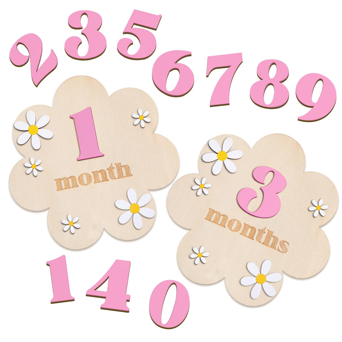 3D Wooden Daisy Baby Monthly Milestone Cards 1-12 Months Interchangeable Baby Months Signs Monthly Milestone Discs Baby Announcement Sign for Baby Shower Newborn Photo Props Gifts (Pink)
