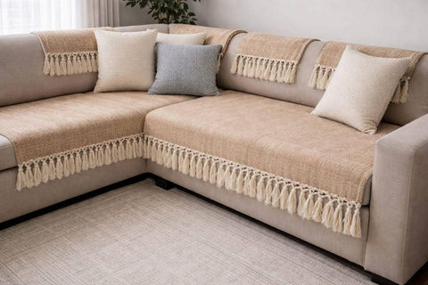 10-Piece Linen Sofa Cover Set with Decorative Tassel Trim, Includes Large Sofa Cover 195x90cm, Medium Sofa Cover 145x90cm, 2 Chair Covers 80x80cm, 6 Cushion Covers 45x45cm, (cafe) .flo