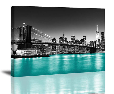 Rtriel Brooklyn Bridge Canvas Wall Art Black and White New York City Night View Picture Teal Blue River Wall Decor 12 x 16 Inch
