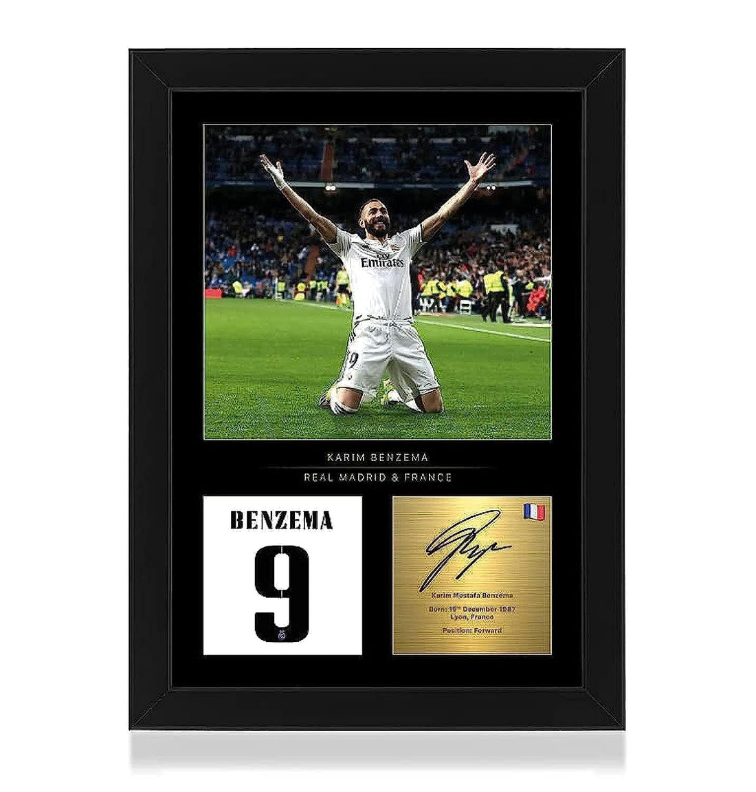 FC Karim Benzema Signed A4 Framed Photo Display - Reproduced Digital Signature - Gift For Real Madrid Fans, Black