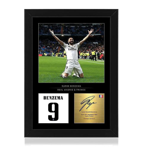 FC Karim Benzema Signed A4 Framed Photo Display - Reproduced Digital Signature - Gift For Real Madrid Fans, Black