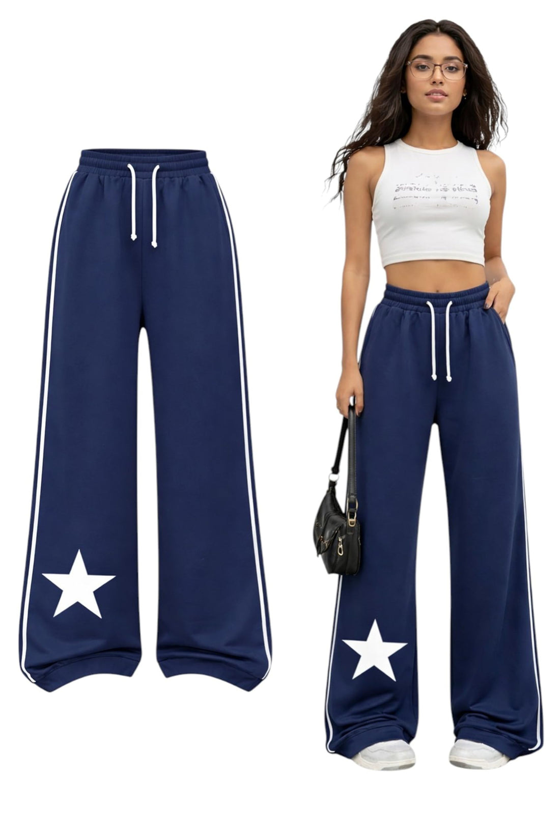 Miza Women's Star Print Two Side Stripe Loose Sweatpants Summer Milton Material - Casual & Outdoor Workout