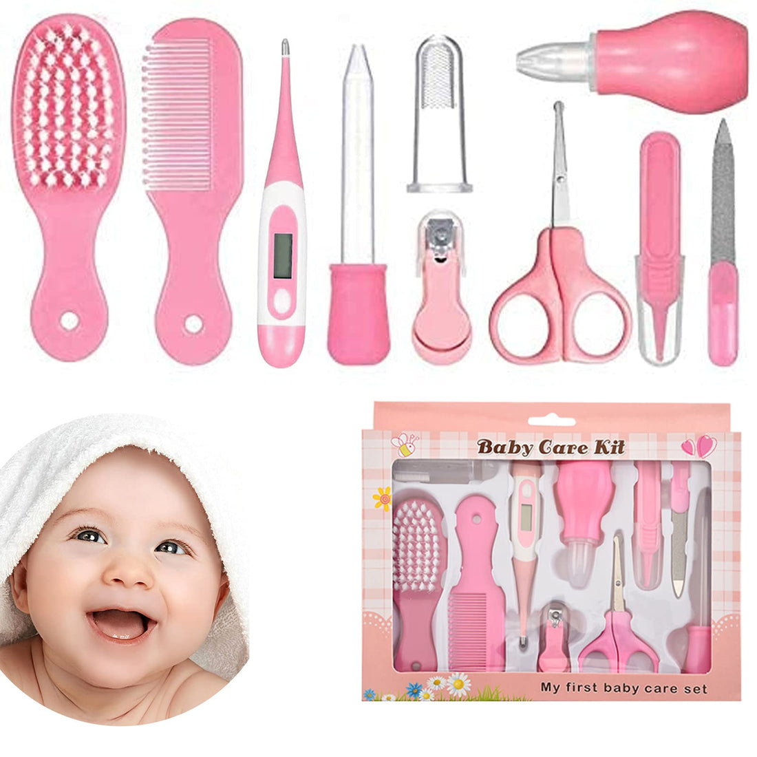Baby Nail Kit 10-in-1 Baby Grooming Kit,Anti-Shear Flesh Design Baby Nail Clippers, Scissor, Tweezer, Liquid Dropper, Nasal Aspirator, Baby Manicure Kit and Pedicure kit for Newborn, Infant & Toddler