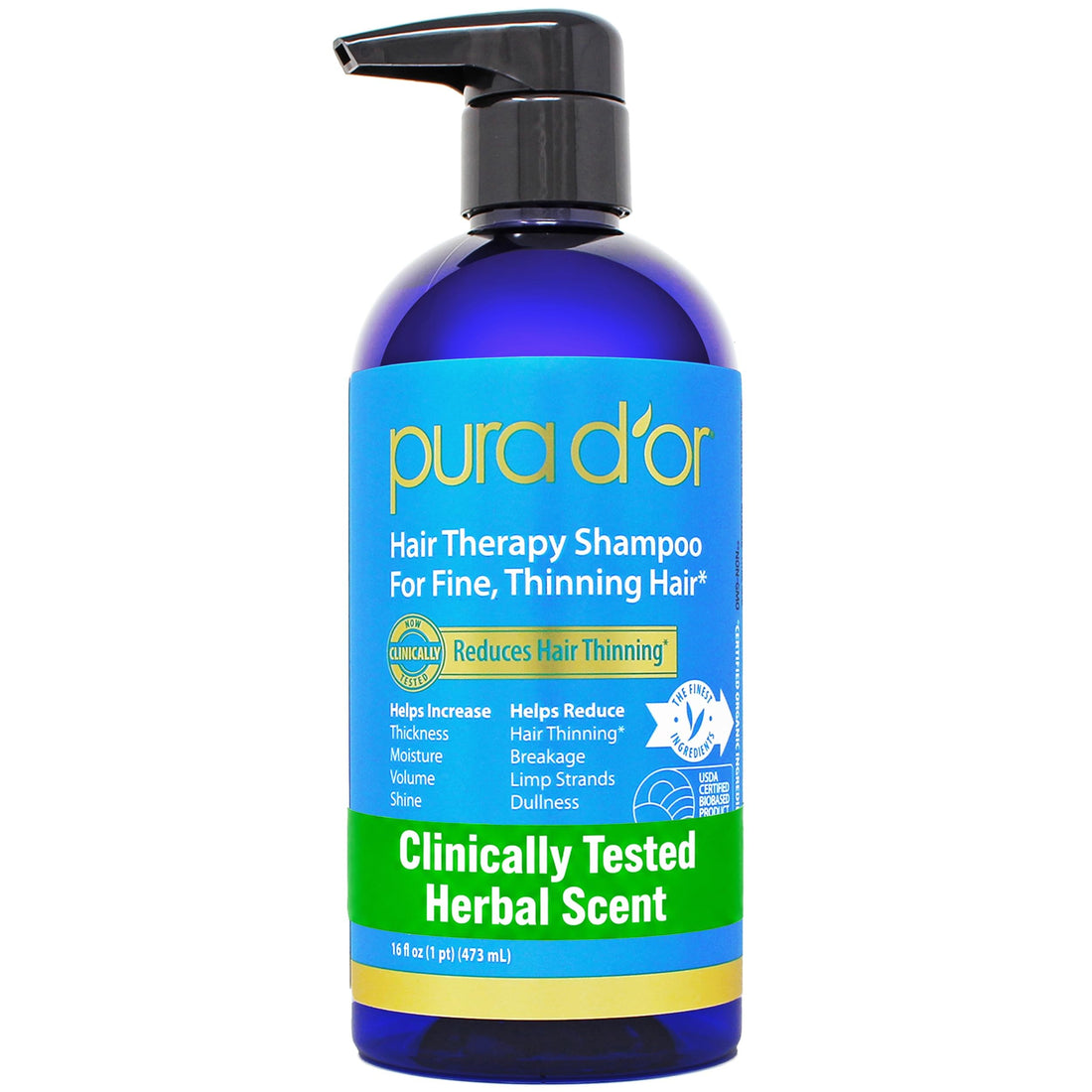 PURA D'OR 16 Oz Hair Thinning Therapy Biotin Shampoo - ORIGINAL Scent - CLINICALLY TESTED Effective Results, Herbal DHT Blocker Hair Thickening Products For Women & Men, Color Safe Routine Shampoo