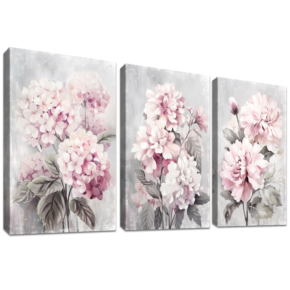 3 Pcs Wooden Framed Blush Grey Pink Canvas Wall Art Canvas Prints Pink Hydrangeas Peonies Floral Blossom Canvas Painting Picture for Living Room Bedroom Hallway Home Wall Decor 90x40cm(12"x16"x3pcs)