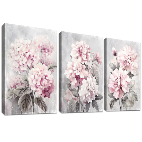 3 Pcs Wooden Framed Blush Grey Pink Canvas Wall Art Canvas Prints Pink Hydrangeas Peonies Floral Blossom Canvas Painting Picture for Living Room Bedroom Hallway Home Wall Decor 90x40cm(12"x16"x3pcs)