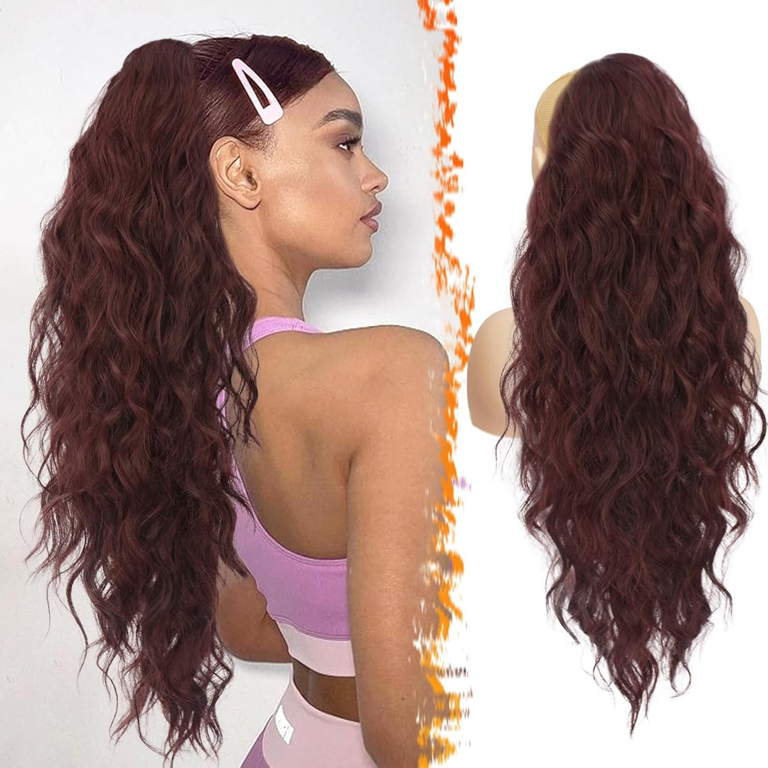 Wig CURLY WAVY Natural looking Scale Ponytail Hair Extension Full Head Long Natural Color for Women And Girls 60 cm -jw-247-99J- -WINE RED