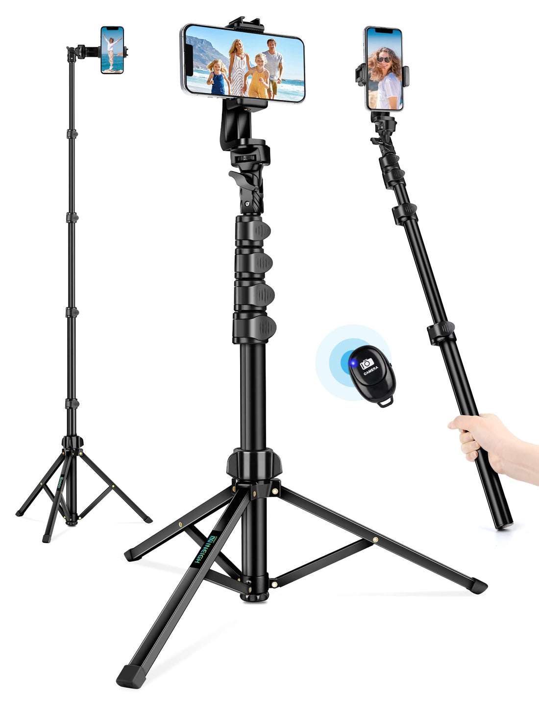 Nineigh Phone Tripod, 71" Tall Adjustable Height with Wireless Remote, Aluminum, Black, Compatible with iPhone 14 Pro Max 13 12 11 Cell Phone