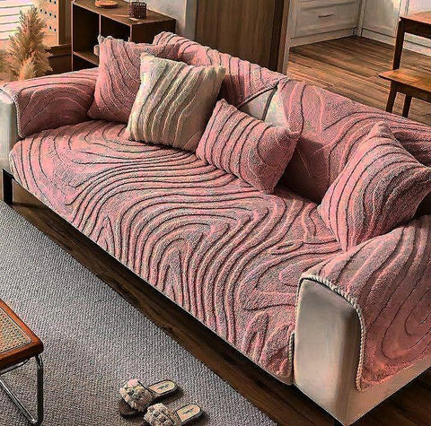 Generic 10-Piece Wave Pattern Sofa Cover Set, Living Room Furniture Protector, Pink, 195x95 cm Large Sofa, 145x95 cm Sofa, 2 Chairs, 6 Cushion Covers