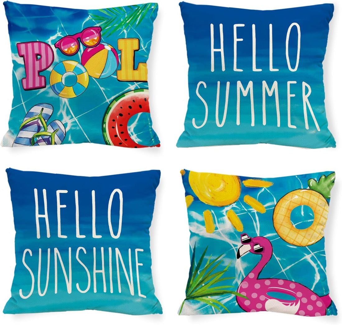Hello Summer Pool Pillow Covers Tropical Plants 18 x 18 Inch Throw Pillows, Hello Sunshine Flamingo Decorative Farmhouse Cushion Case for Sofa Couch Set of 4