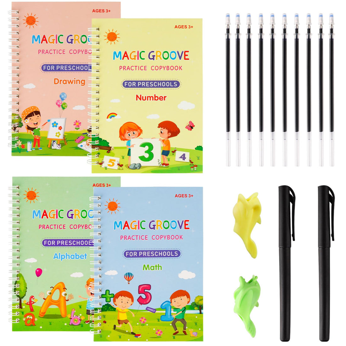 4PCS Magic Groove Books,Handwriting Practice Copybook for kids,Reusable Magic Ink Calligraphy Set with Handwriting Pens&Refills,Alphabet/Number/Math/Drawing Grooved Writing Books(A)
