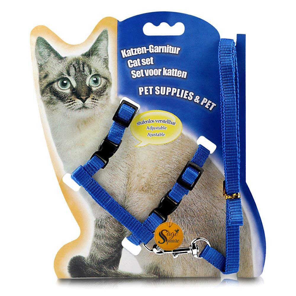 Sage Square Soft Adjustable Harness with Leash Rope Set for Cat/Kitten of Nylon (Blue)