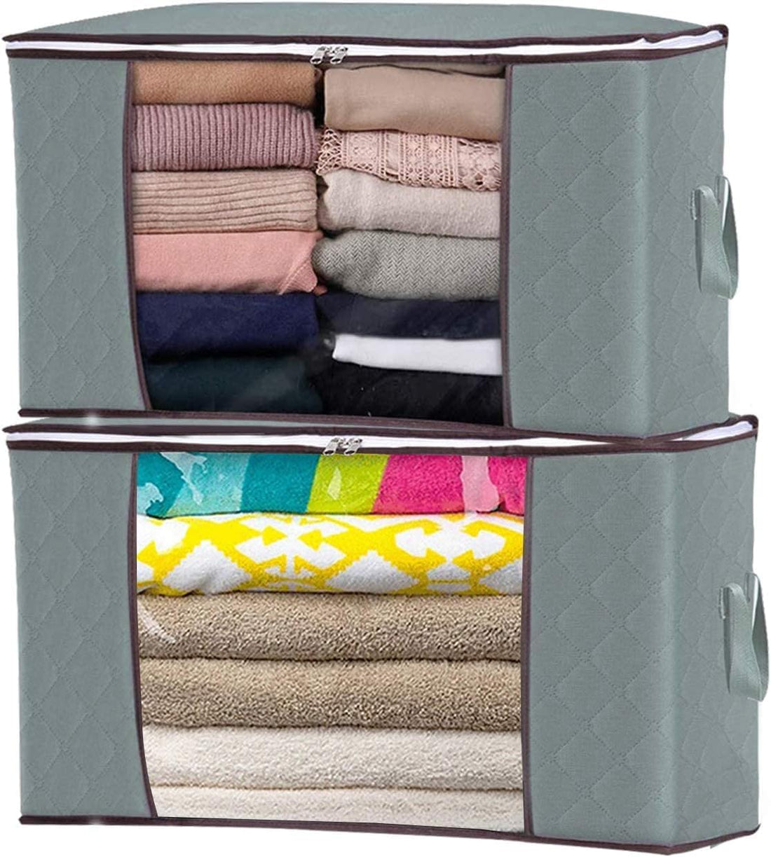 Circle M 2-Pack Large Foldable Clothes Storage Bags: 90L with Zipper Clear Window Handles – Grey