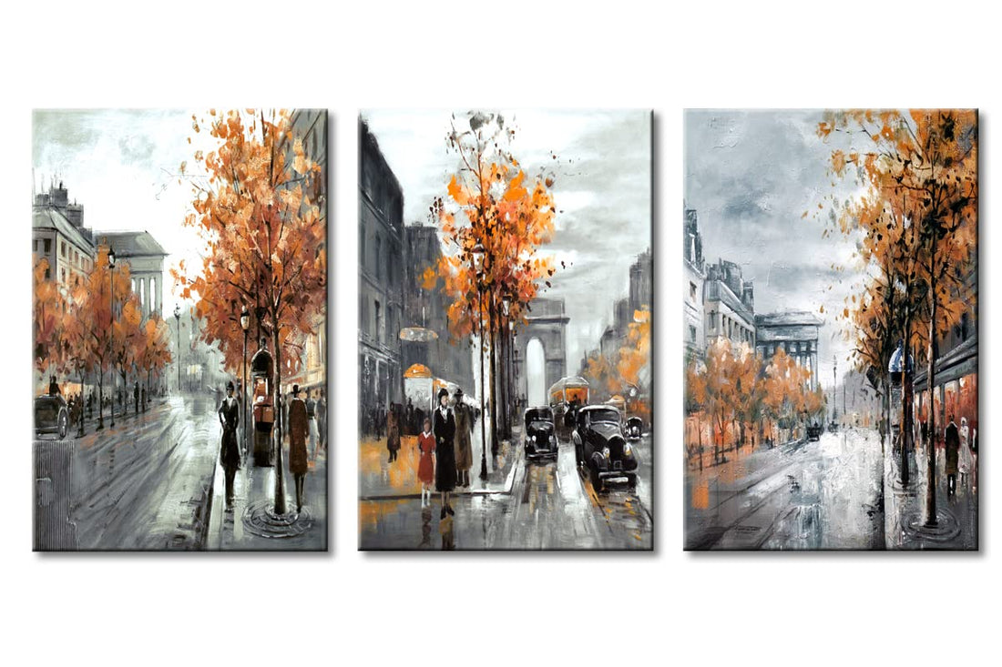 Yecohom Art Abstract Cityscape Canvas Wall Print Romantic City Orange Tree Landscapes Picture Retro Street Black and White Oil Painting 3pcs work Decor Framed