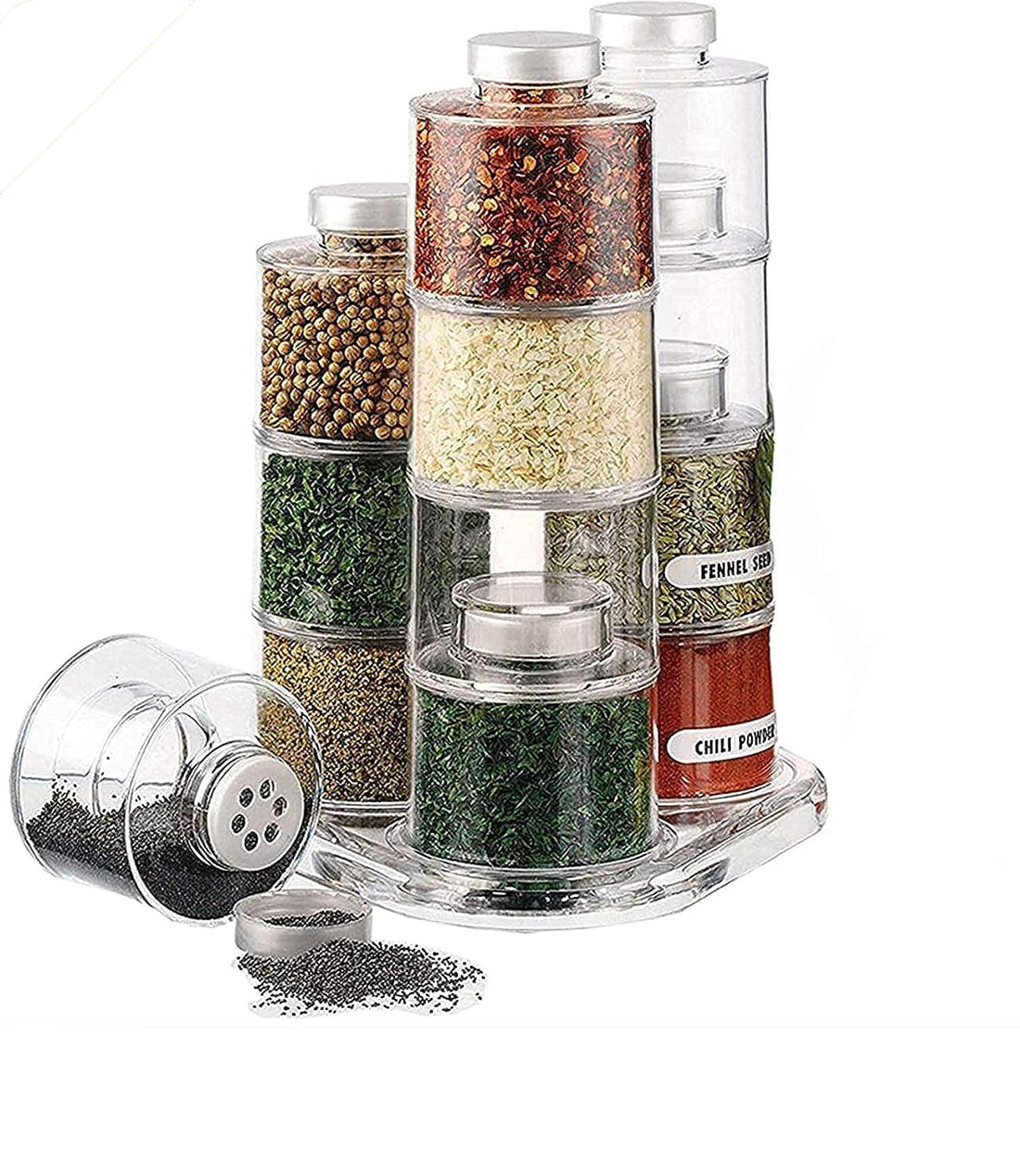 KASTWAVE Spice Jars Condiments Organizer Storage, Set of 12 PCS Self Stacking Spice Pepper & Salt Bottles with Caps and Sifter Lids, Spice Tower Carousel, On Easy Access Revolving Base
