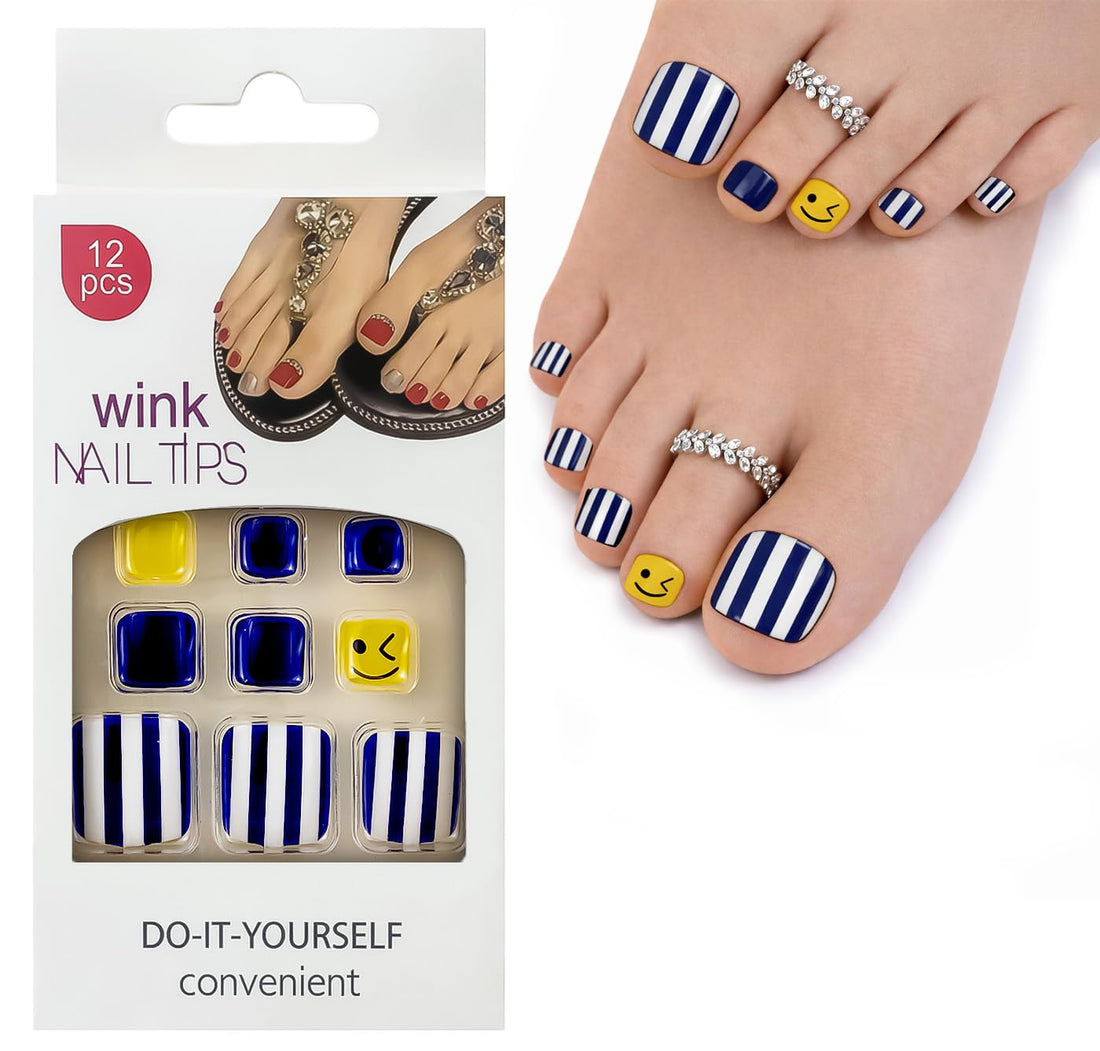 Press On Toenails - Set Of 12 Nail Tips, Pre-Shaped Full Cover False Nails & Professional Nail Glue, Quick & Easy Application (Summer Stripe Fun)