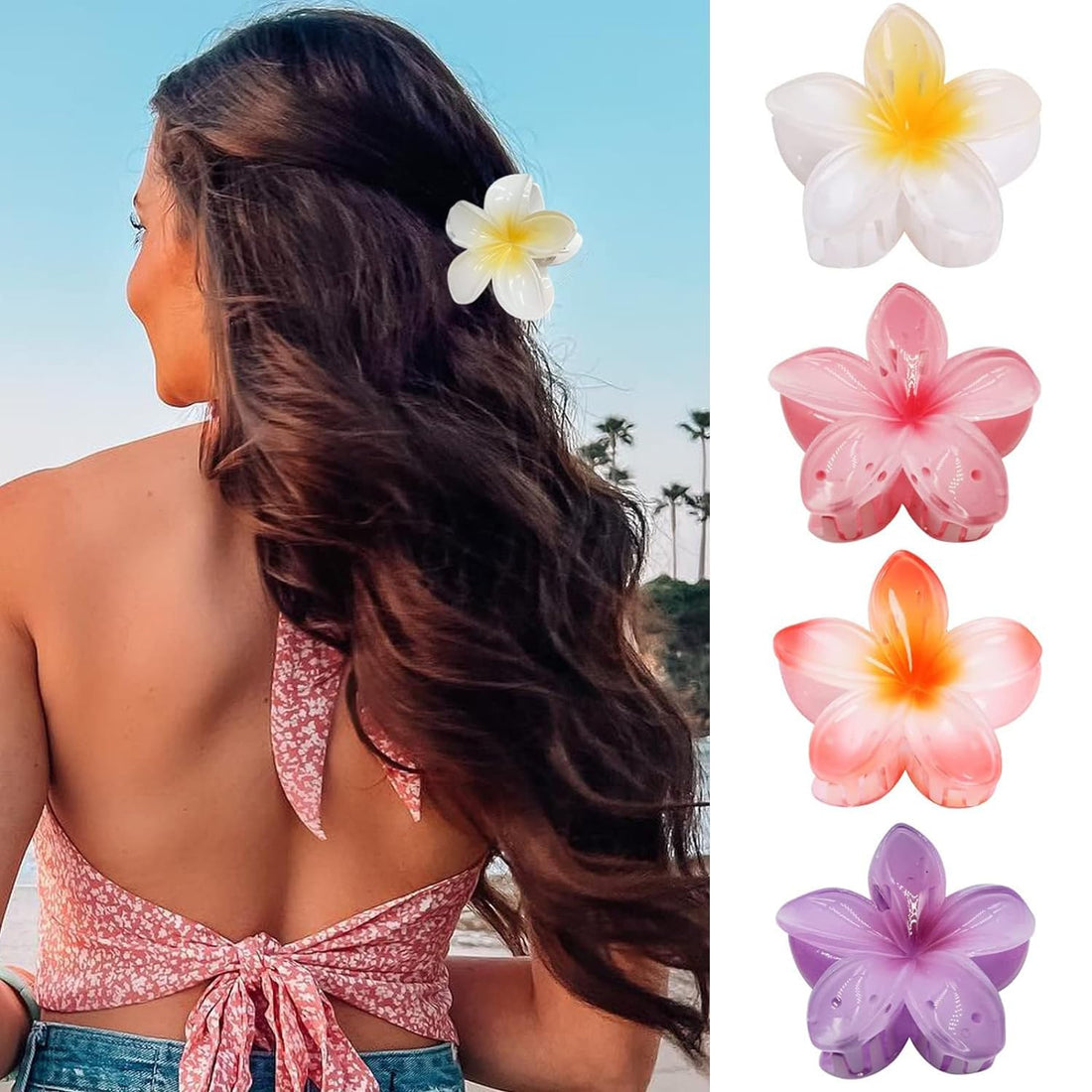 4 Pieces Flower Hair Claw Clips for Thick Hair - Strong Hold, Non-Slip, Large Hawaiian Flower Design - 4 Colors