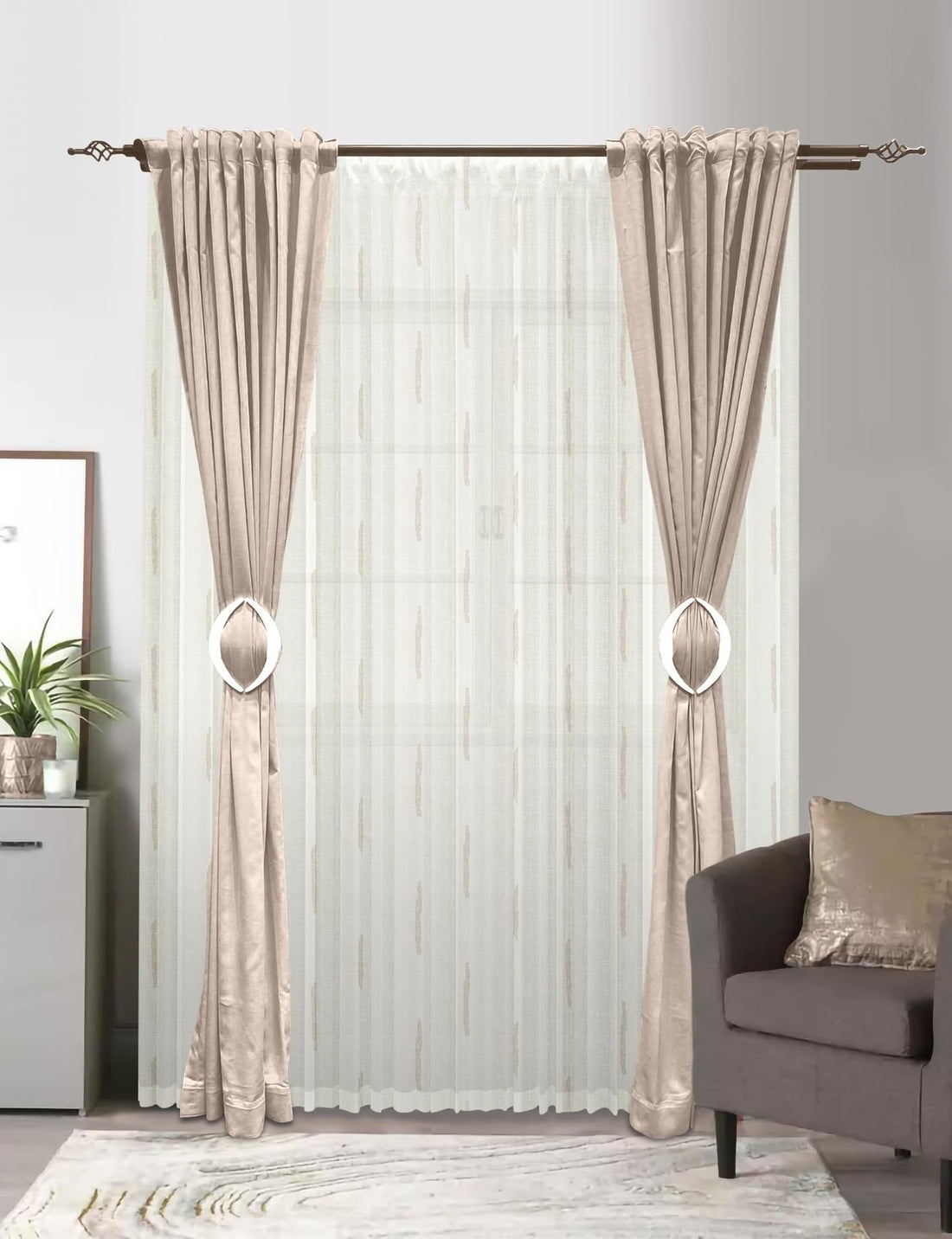Curtains & Rods Needle Vertical Rain Drops Patterned Sheer Jacquard Linen Curtains - Cafè - Extra Wide, 1 Panel (300cm W x 280cm L)