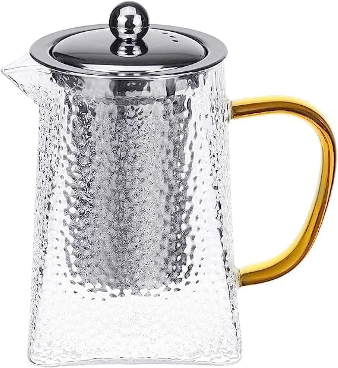 Heat Proof Lattice Texture Glass Yellow Handle Flower Tea Pot w/Stainless Steel Lid