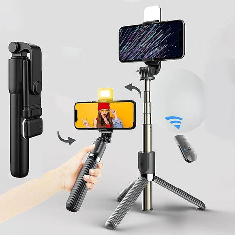 Premium Selfie Stick, Bluetooth Extendable Selfie Stick Tripod with LED Light Wireless Remote and Portable Tripod Stand Compatible for All iPhone and Android Smartphone (70 cm)