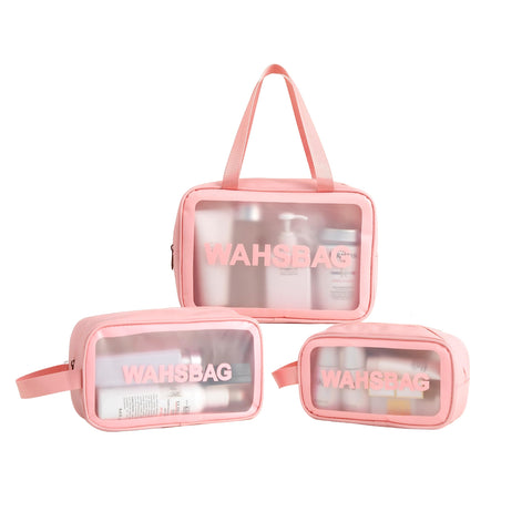Qupzsen Travel Toiletry Bag for Women and Men - Matte Translucent Bag with Handy Handle - Makeup Cosmetic Organizer for Travel Toiletries Accessories, Pink, 3