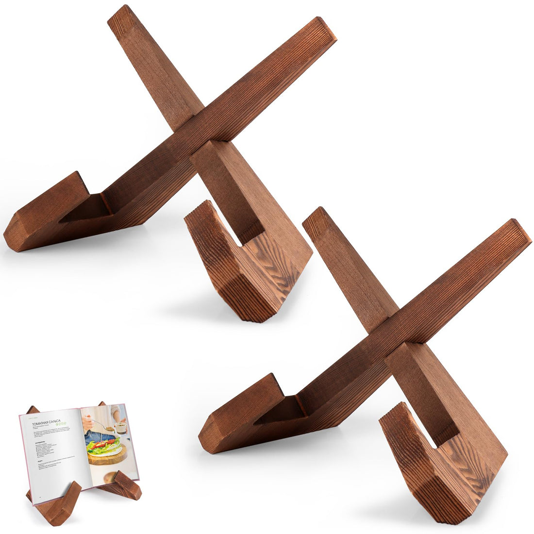 SAMEBUTECO 2 Packs Wood Cookbook Stands & Recipe Holders for Kitchen,7 inch Height Recipe Holders Display Stand Rustic Style, Brown, Box Package