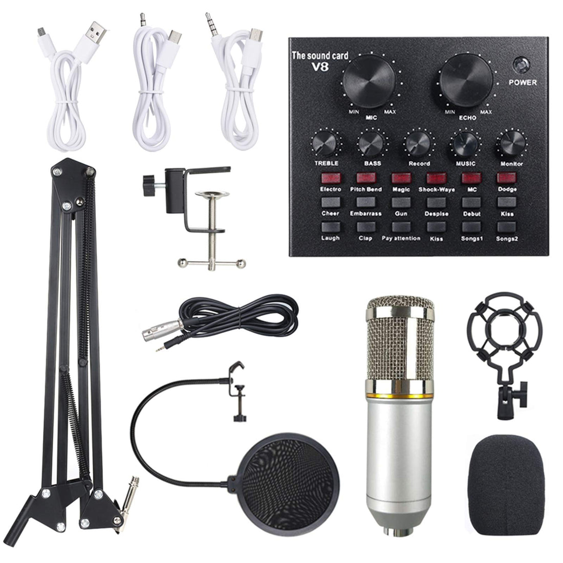 Multifunctional Live Sound Card & BM800 Suspension Microphone Kit Broadcasting Recording Condenser Microphone Set Intelligent Volume Adjustable Audio Mixer Sound Card for Computer PC Live Sound
