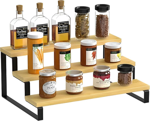 3 Tier Natural Wood Kitchen Organizer – Practical Spice Rack for Kitchen & Bathroom – Kitchen Utensil Display Stand with Elegant Design