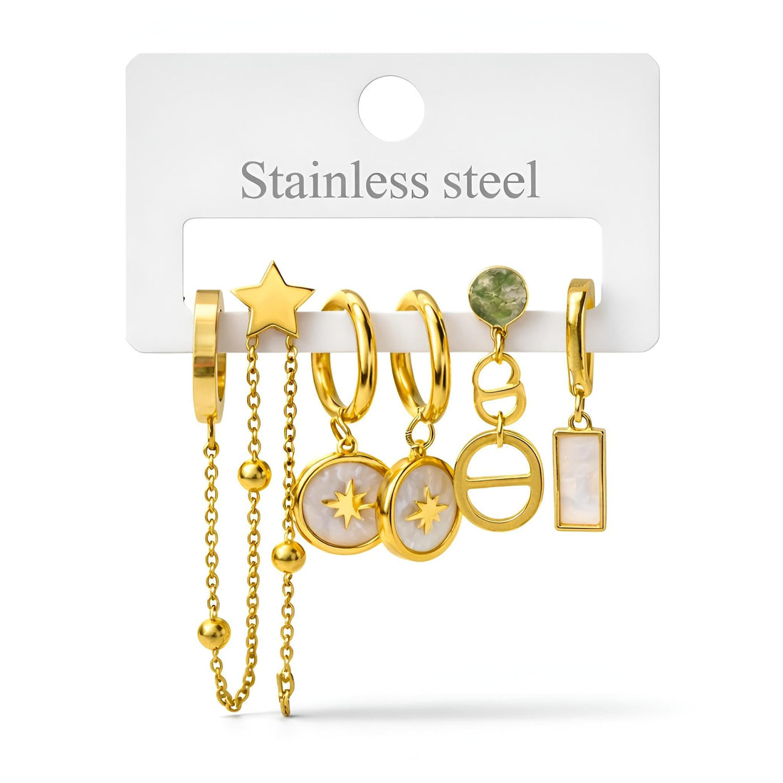 Heart Drops - Stainless steel gold dangle hoop earrings set with mixed charm styles including star, moon and chain pendants suitable for all ages girls