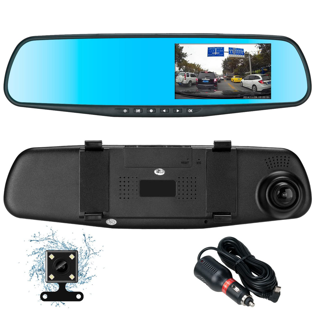 Podazz 1080P Full HD Video Car Driving Recorder Wide-Angle Dual Lens Dash Cam Car Dashboard Camera Rear View Mirror Front and Rear, DVR with G-Sensor, Loop Recording Parking Mode Motion Detection