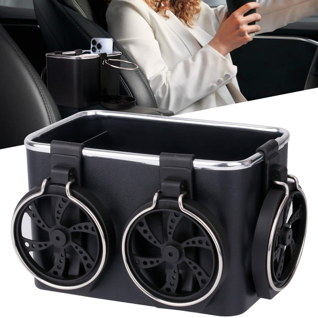 Portal Car Armrest Storage Box Water Cup Holder, TikTok Car Seat Organizer Tissue Storage with Cup Holder, Multifunctional Car Organizers for Water Cup, Coffee, Drink, Paper Towels Cellphones