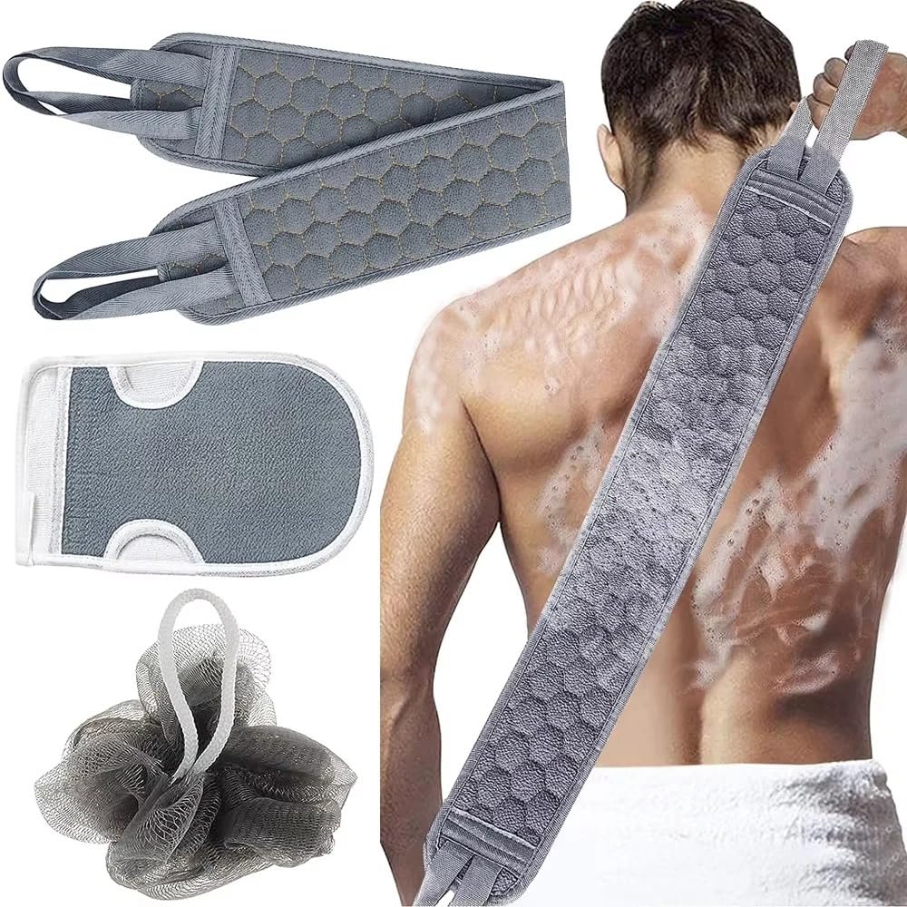 Shower Loofah Set – 3-Piece Exfoliating Kit With Moroccan Bath Glove, Soft Body Sponges & Back Scrubber Strap For Women & Men – Deep Cleansing Bath Accessories For Smooth Skin
