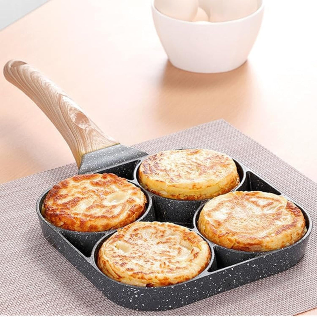 Multifunctional Granite Breakfast Pan, Wooden Handle, Nonstick Triple Cavity Skillet for Pancakes, Crepes, Qatayef & Omelets, Suitable for Grilling Gas Stove/Induction (Type 2)