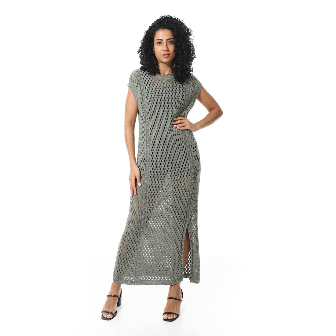 Women's Crochet Knit Maxi Dress, Cap Sleeve, Side Slit-17369