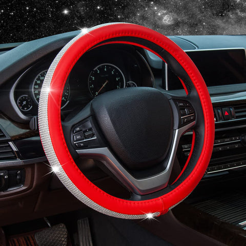 ChuLian New Diamond Leather Steering Wheel Cover with Bling Bling Crystal Rhinestones, Universal Fit 15 Inch Car Wheel Protector for Women Girls Red