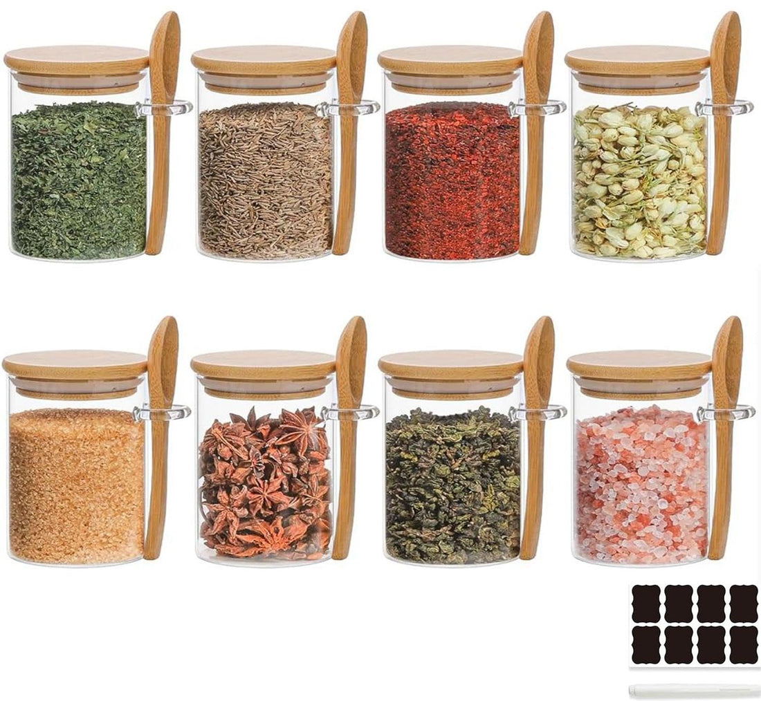 KUAIJI 8-Pack250ml (8.45oz) glass jar with tight bamboo lid and spoon, only suitable for spices, salt, tea, sugar, it is a delicate and lovely kitchen storage jar (8Pack250ML)