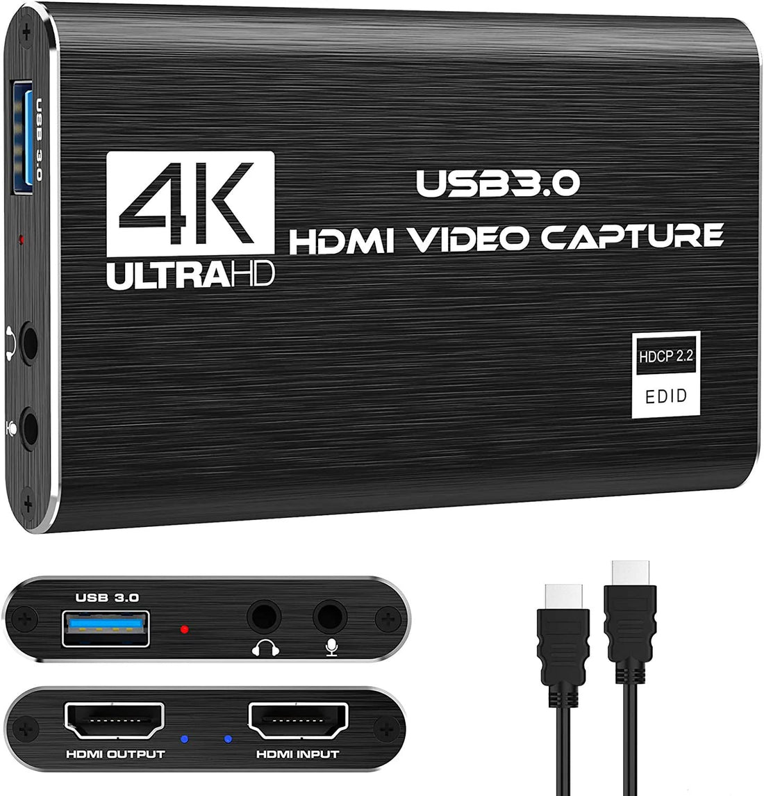 4K Audio Video Capture Card, USB 3.0 HDMI Video Capture Device, Full HD 1080P for Game Recording, Live Streaming Broadcasting (Black)