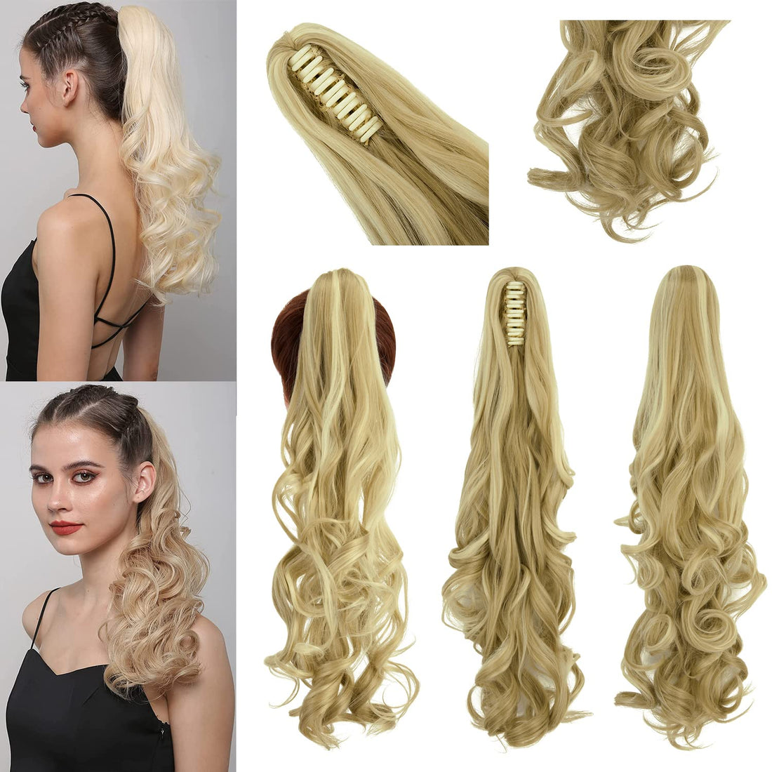 Long Claw Ponytail Hair Extension Clip in on Ponytail Jaw/Claw Synthetic Curly Thick Hair Extensions Pony Tail for Women Girls 24" curly -Ash Blonde Mix Bleach Blonde