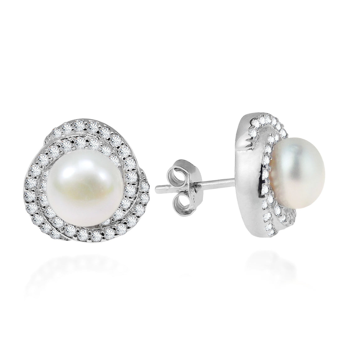 AeraVida Elegant Italian Silver Knot Rhinestone Inspired Embed Frame Purity Pearl in 925 Sterling Silver Pearl Earrings, 12mm, Pearl, Cubic Zirconia