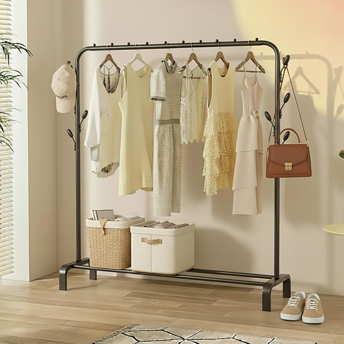 House of Quirk Metal Garment Rack Heavy Duty Indoor Bedroom Clothes Coat Stand Shoes Rack, with Top Rod and Lower Storage Shelf Clothes Rack 6 Hooks(114x38x110cm) Black