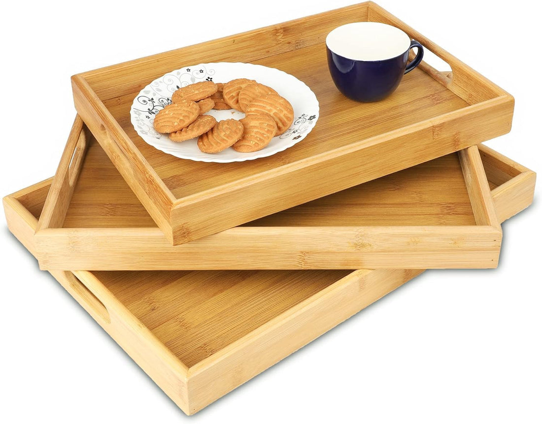 Spaceshoop Bamboo Wood Serving Trays Set of 3, Kitchen Storage, Dining Tray Brown