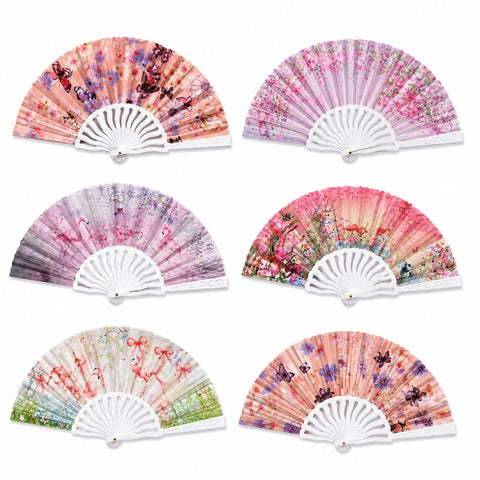Folding Hand Fan, Floral & Flamingo Designs, Assorted Shapes & Colors, Portable Lightweight Summer Fan with Plastic Handle
