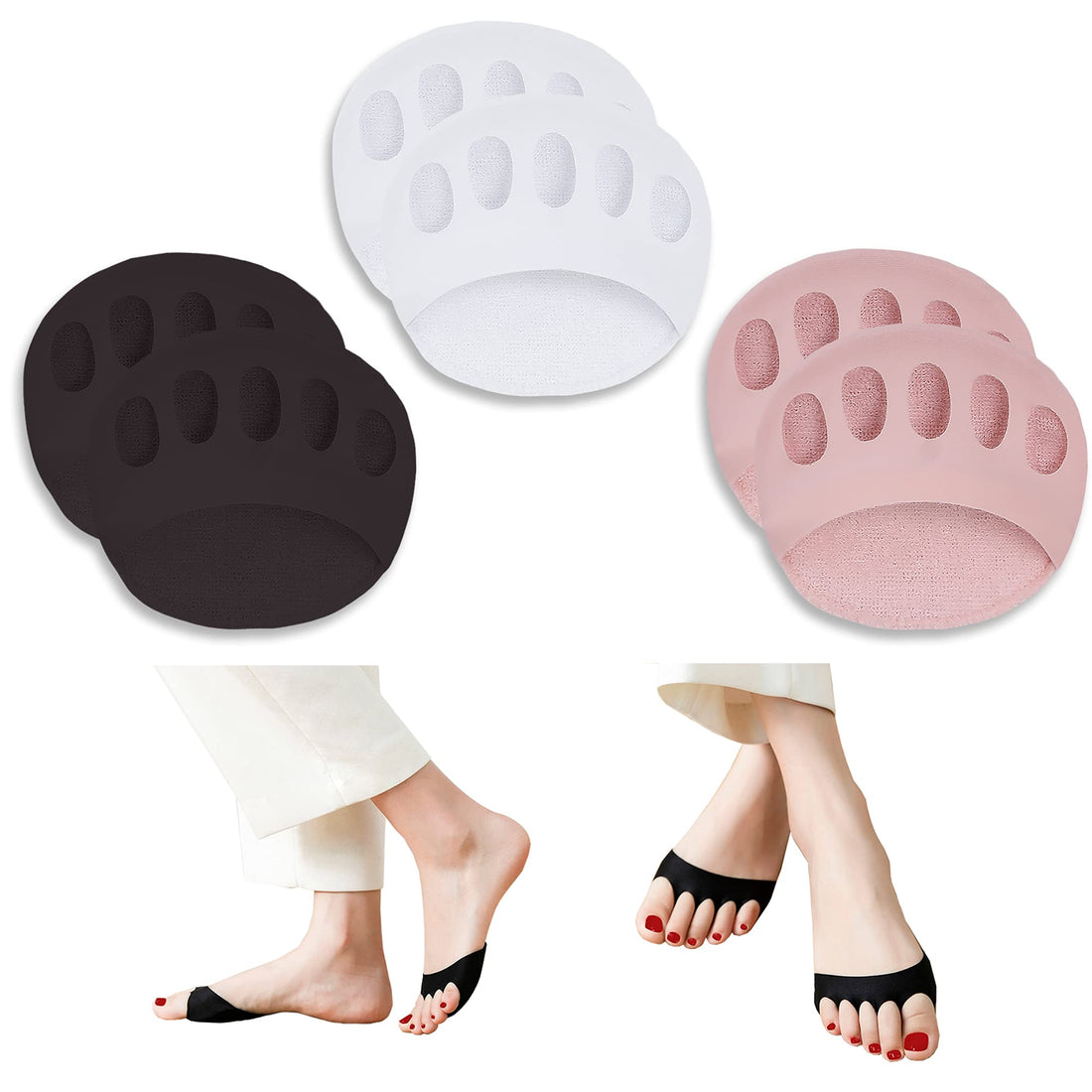 Metatarsa Foot Pads(3pairs) Reusable Soft Ball of Foot Cushions Forefoot Pads for Women Prevention Pain Relief Honeycomb Fabric Foot Pads, White