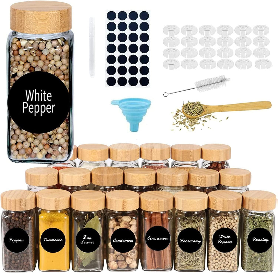 EOGILY 24 Glass Spice Jars with Labels, 4oz Empty Square Spice Containers, Glass Spice Jars with Bamboo Lids,Glass Food Storage Containers Jars,Labels Stickers,Silicone Collapsible Funnel,Brush,Spoon