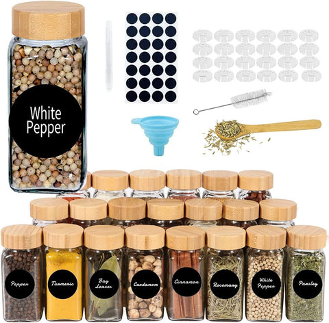 EOGILY 24 Glass Spice Jars with Labels, 4oz Empty Square Spice Containers, Glass Spice Jars with Bamboo Lids,Glass Food Storage Containers Jars,Labels Stickers,Silicone Collapsible Funnel,Brush,Spoon