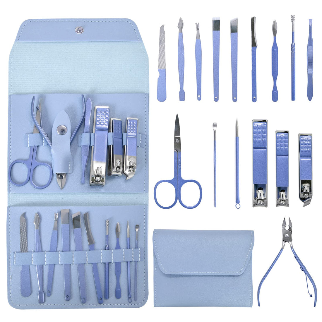 Manicure Set, 16-Piece Manicure Pedicure Set, Stainless Steel Nail Clippers Set, Nail Set for Women, Tool Set for Nail Care with Luxury Travel Leather Case, Men Women Gift (Blue)