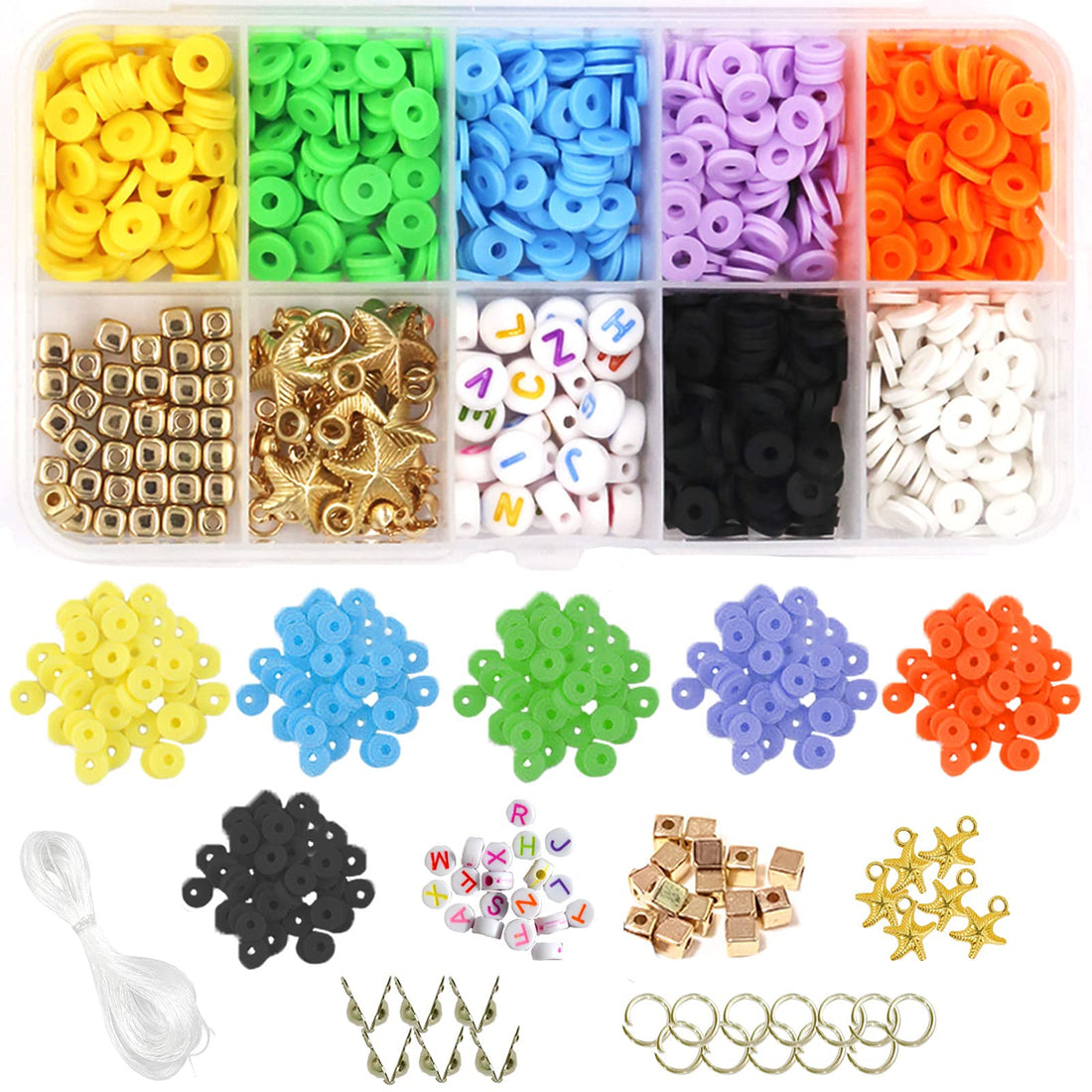 Wendergo 1152 Pcs Clay Spacer Beads, Jewellery Bracelet Making Kit Polymer Flat Round Beads with Letter Beads Jump Rings Alloy Pendants Claps for Kids Adults DIY Bracelet Necklace Handmade Crafts